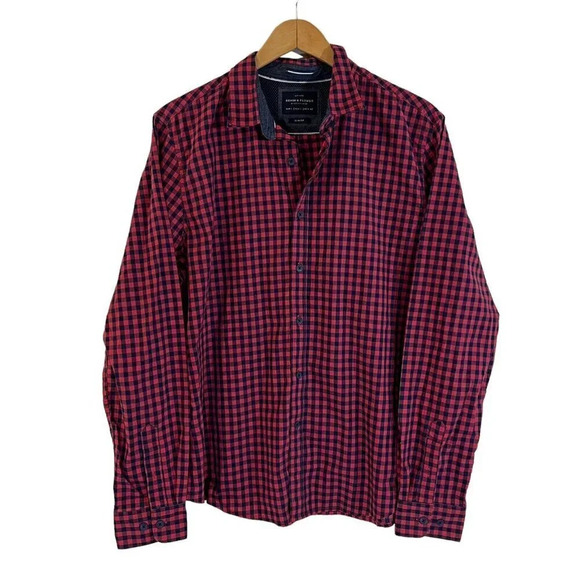 Denim & Flower Plaid Button Up Shirt Slim Fit Mens Size Large Red Navy Blue Thin - Picture 1 of 6